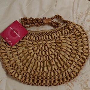 Beaded Hobo Shoulder Bag - Natural Brown